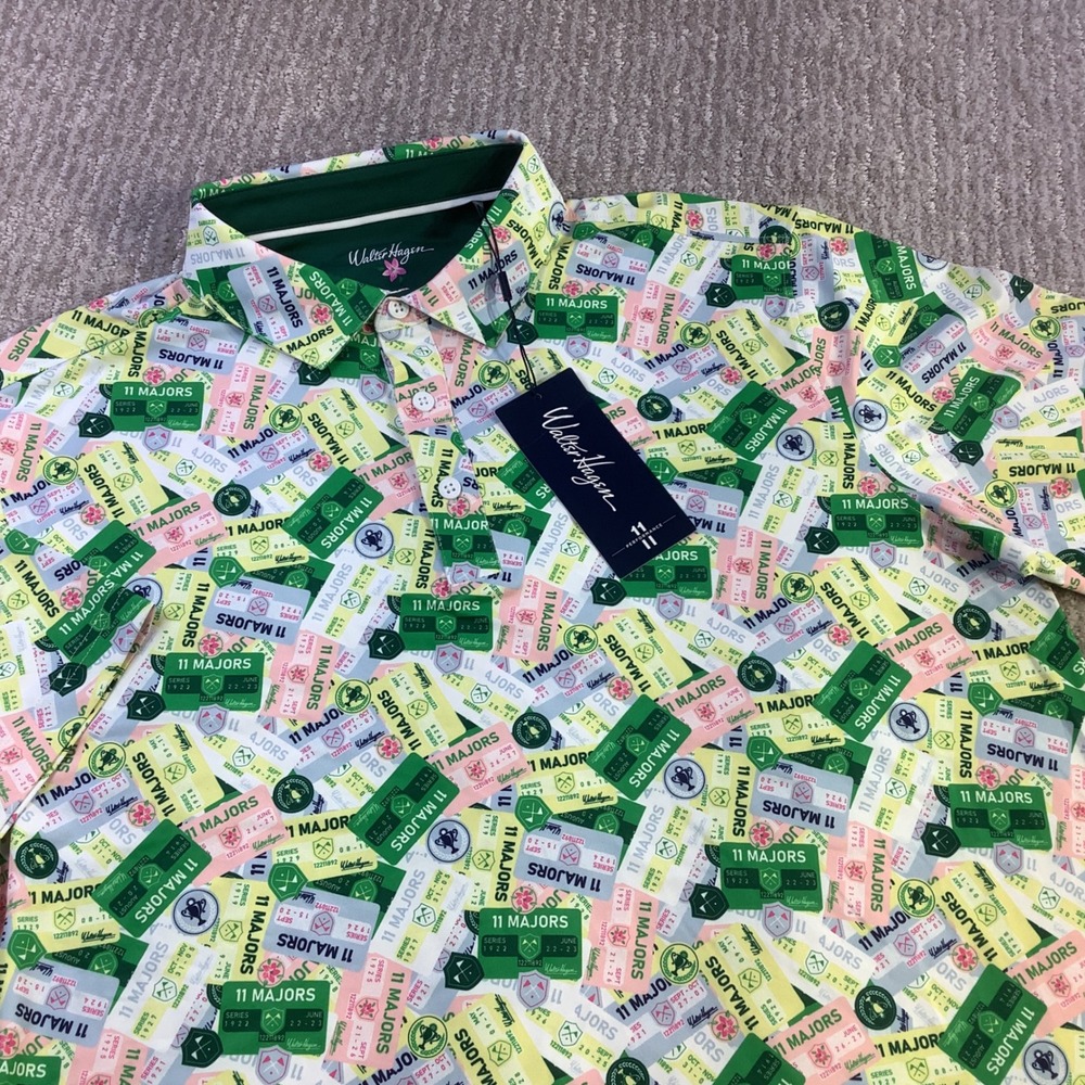 Walter Hagen Mens Performance 11 Majors Printed Golf Polo Shirt Green Size M NWT